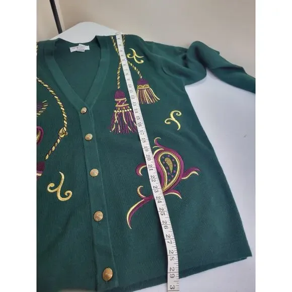 Casual Corner Green Embroidered Wool Blend Cardigan Sweater Women's Size Large - Picture 4 of 7
